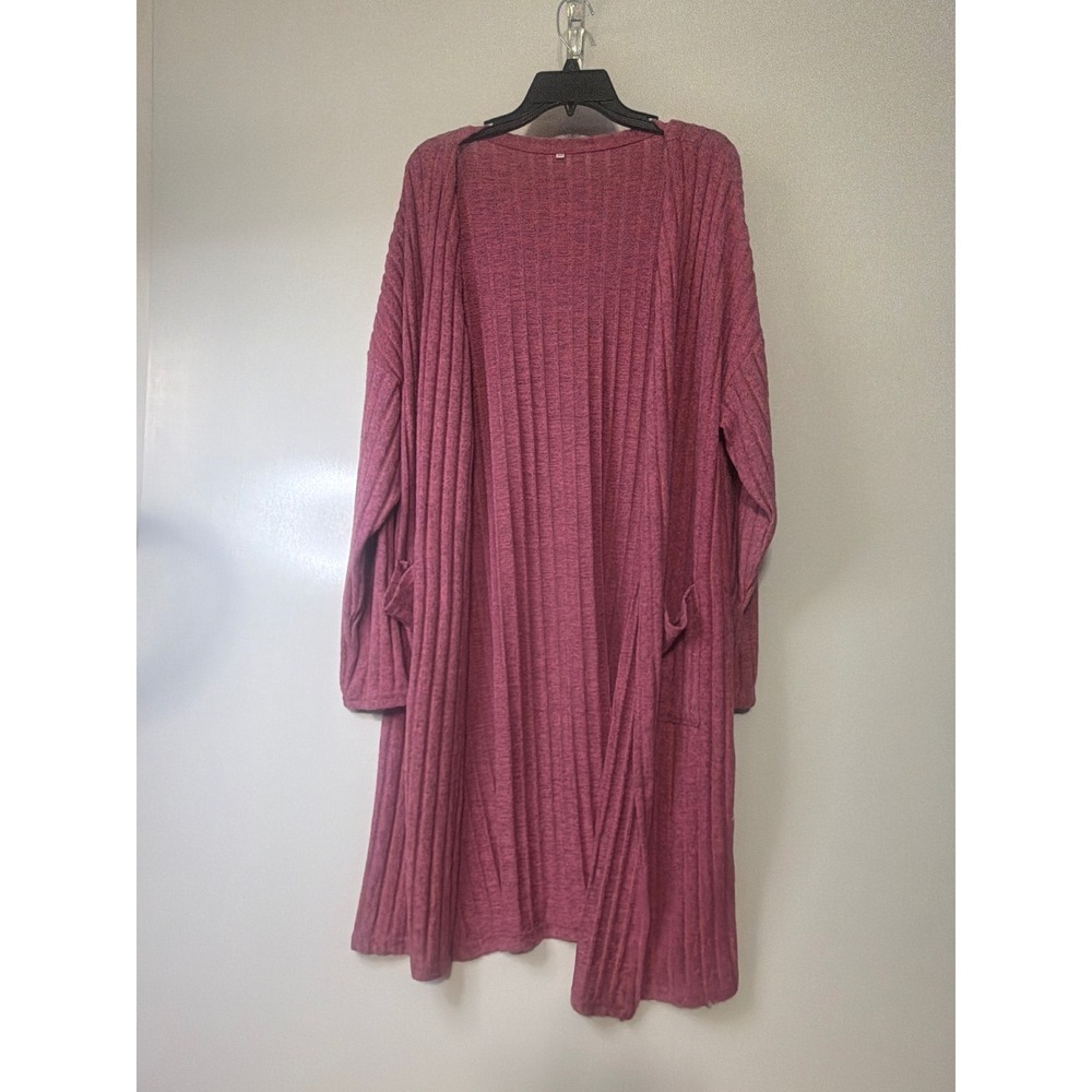 Unbranded Berry Pink Ribbed Knit Open Front Duster Cardigan With Pockets 3XL